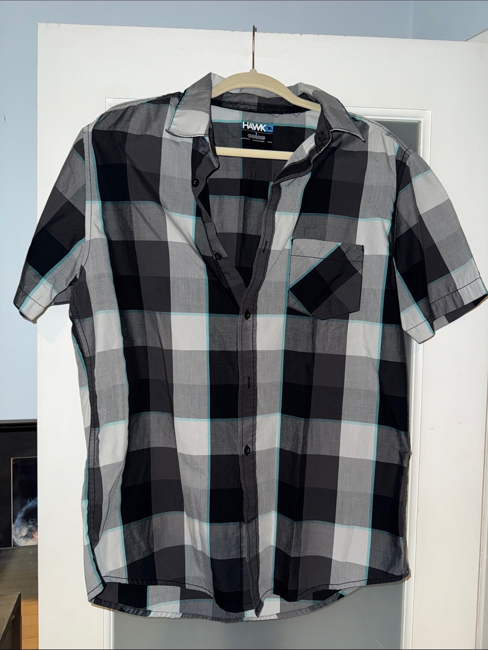 Tony Hawk Black, Gray & Teal Short-Sleeve Plaid Button-Up Shirt